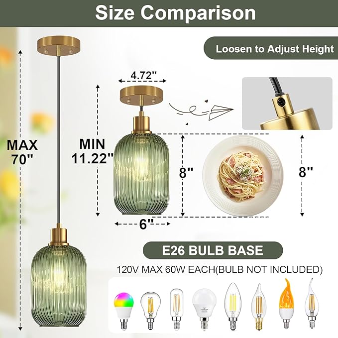 2 Pack 11"-70" Height Adjustable Pendant Lights with Vintage Green Ribbed Glass Lampshade, Brushed Gold Pendant Lights Fixtures for Kitchen Island Lighting Sink, Dining Room (Bulbs Not Included)