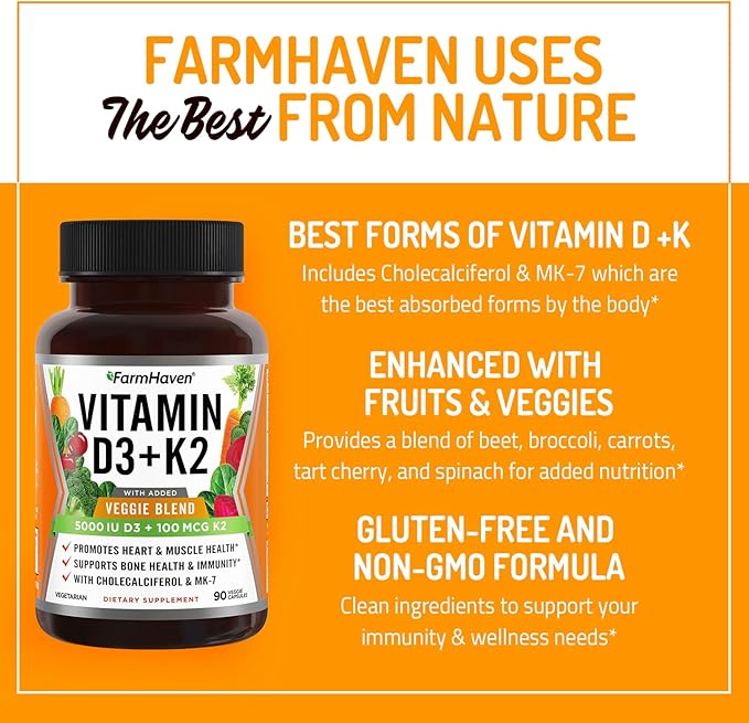 Capsules de Vitamine D3 K2 FarmHaven - 5000 UI D3 et 100 mcg K2 - Cholecalciférol MK7 avec Mélange de Fruits et Légumes - Supplément de Vitamine D K2 pour le Système Immunitaire et la Santé Cardiaque - Végétarien, Sans OGM, 90 Gélules