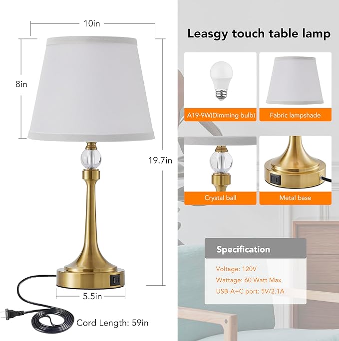 19.7'' Touch Table Lamps for Living Room, Small Lamp for Bedroom with USB C+A Ports, Dimmable Touch Lamps Set of 2, Reading Desk Lamp for Office, Metal Bedside Lamps, Bulbs Included, Gold