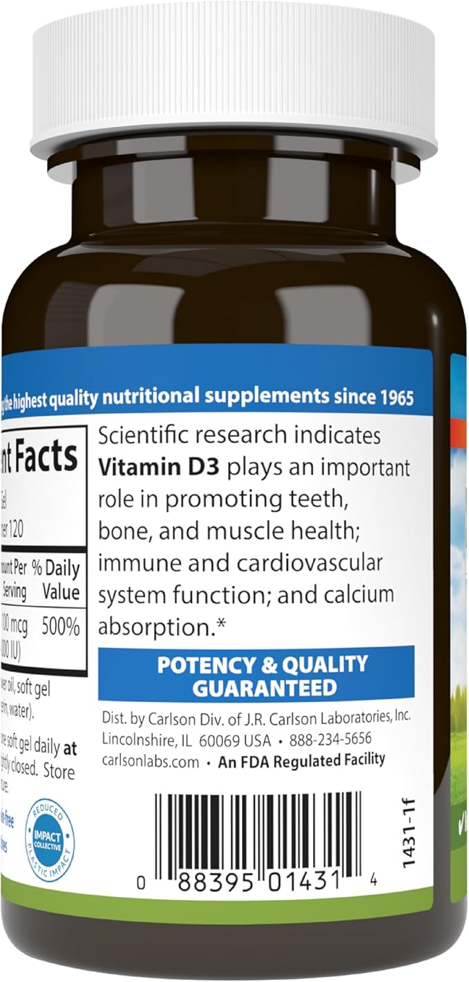 Carlson - Vitamine D3, 4000 UI (100 µg), Compléments de vitamine D, Santé des os et du système immunitaire, Complément de cholécalciférol, Gélules de vitamine D sans gluten, 120 gélules à enveloppe molle