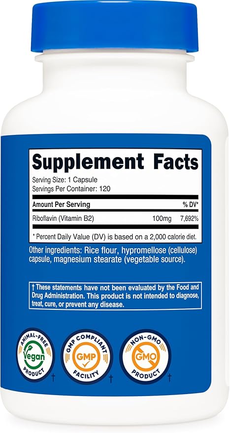 Nutricost Vitamine B2 (Riboflavine) 100 mg, 120 Gélules – Sans Gluten et Non-OGM