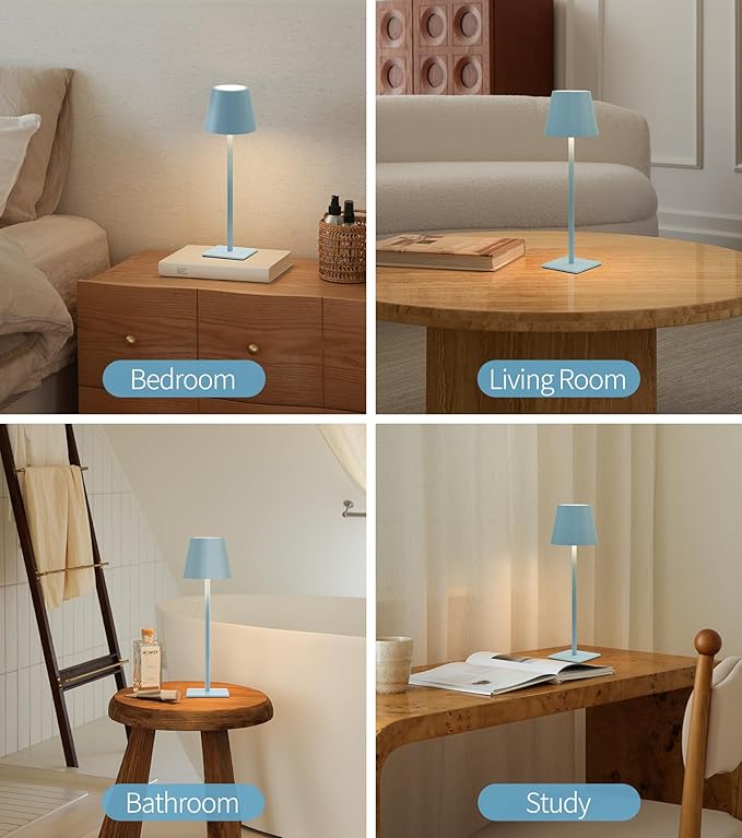 UME 3 Pack Cordless Table Lamp, Battery Operated Lamp - Portable Waterproof Rechargeable Table Lamp w/ 3 Color Temps & Stepless Dimming for Dinner, Desk, Cafe, Outdoor (Blue)