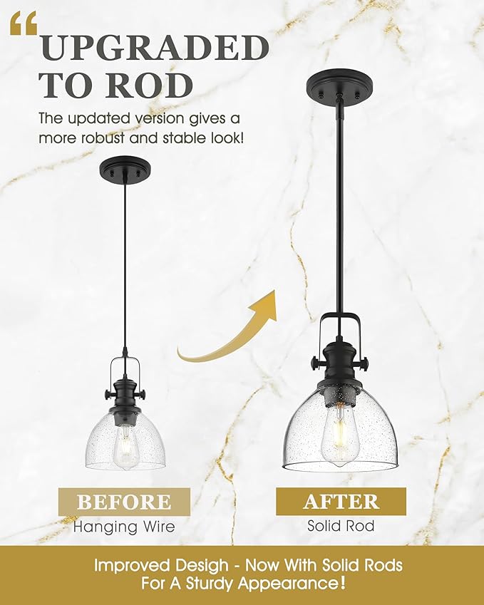 2-Pack Pendant Lights Kitchen Island, 7.5" Black Pendant Lighting with Clear Seeded Glass Shade, Farmhouse Hanging Light Fixtures for Dining Room, AD-22151-1P2-BK-G
