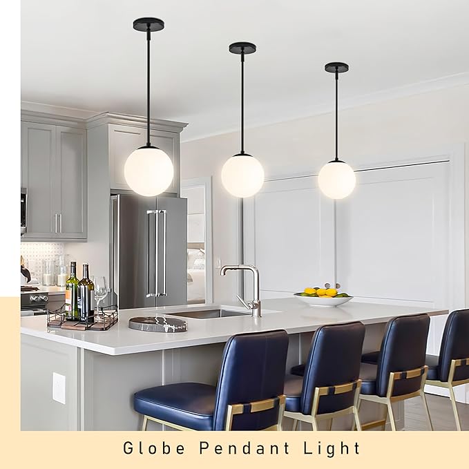 Bagood 8" Globe Pendant Light Black 2 Pack Mid Century Pendant Light Globe Pendant Lights Kitchen Island Matte Black Finished with Milk Glass Adjustable Ceiling Light Fixtures for Dining Room Bar