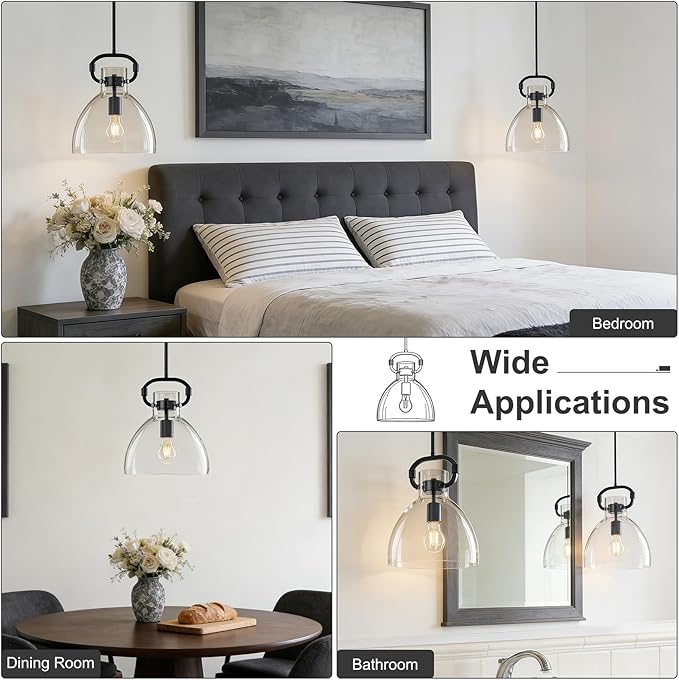 9.8'' Farmhouse Glass Pendant Lights Kitchen Island, 1-Light Modern Black Kitchen Island Lighting, Pendant Light Fixtures for Dining Room Bedroom Over Table, E26