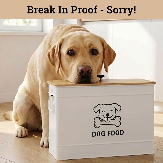 Dog Food Container Airtight 15 lb (50 Cup) Capacity with Metal Scoop - Cute Airtight Dog Food Storage Container with Bamboo Lid - White Metal Kibble Storage Bin for Dogs up to 100 lbs - Big Pet Jar