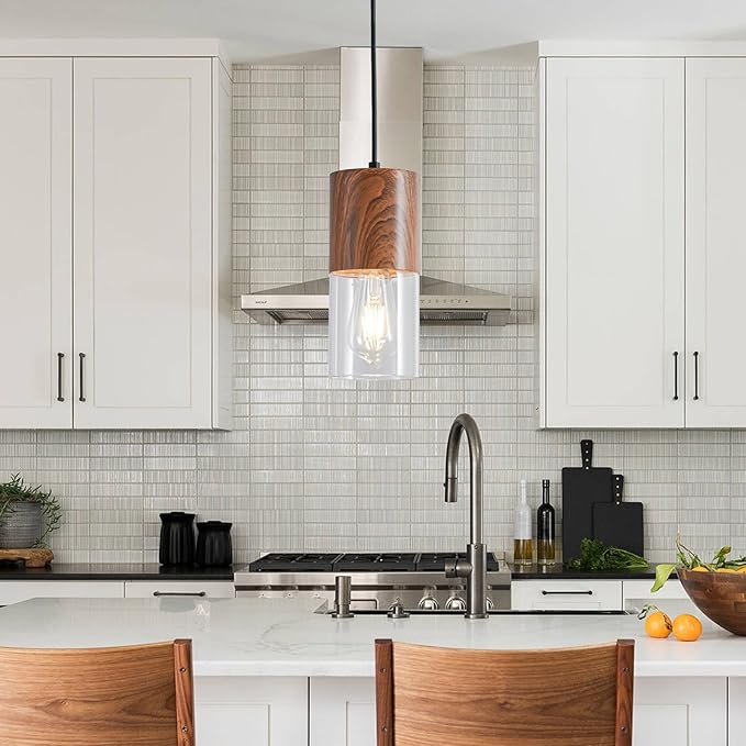 Modern Pendant Lights for Kitchen Island, Adjustable Pendant Light Fixtures with Brown Wood Grain, Industrial Clear Glass Pendant Lights for Dining Table Hallway Bedroom Living Room,1 Pack