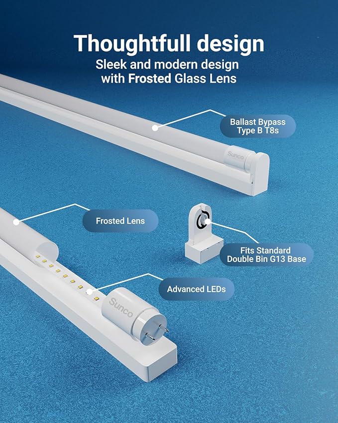 Sunco 150 Pack T8 LED Bulbs 4 Foot, LED Fluorescent Tube Replacement, 4ft LED Tube Light, Ballast Bypass, 2200 LM, 18W, 6000K Daylight Deluxe, Single Ended Power, Frosted Lens, UL