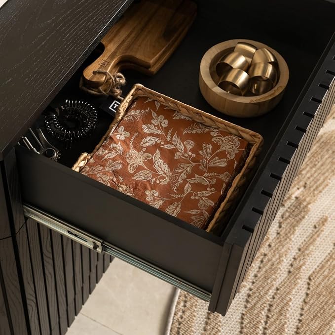 Transformer Table Round Sideboard Buffet Cabinet, Black | Hidden Drawers, Wood Storage Cabinet, Solid Wood, Integrated Table Panel Storage