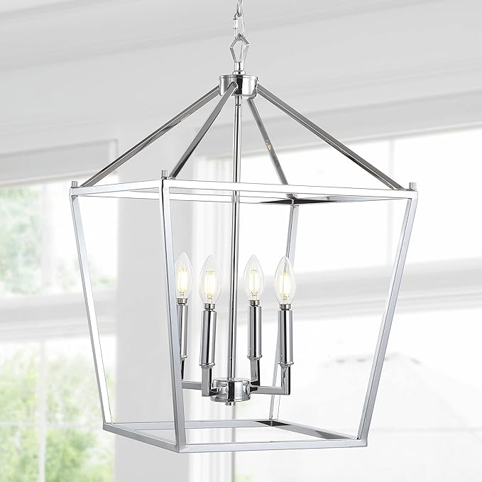 JONATHAN Y 16" Chrome Lantern Pendant Light, 1-Light Pagoda Style Metal Cage Farmhouse Hanging Ceiling Fixture for Kitchen Island, LED Bulb Included (JYL7437C)