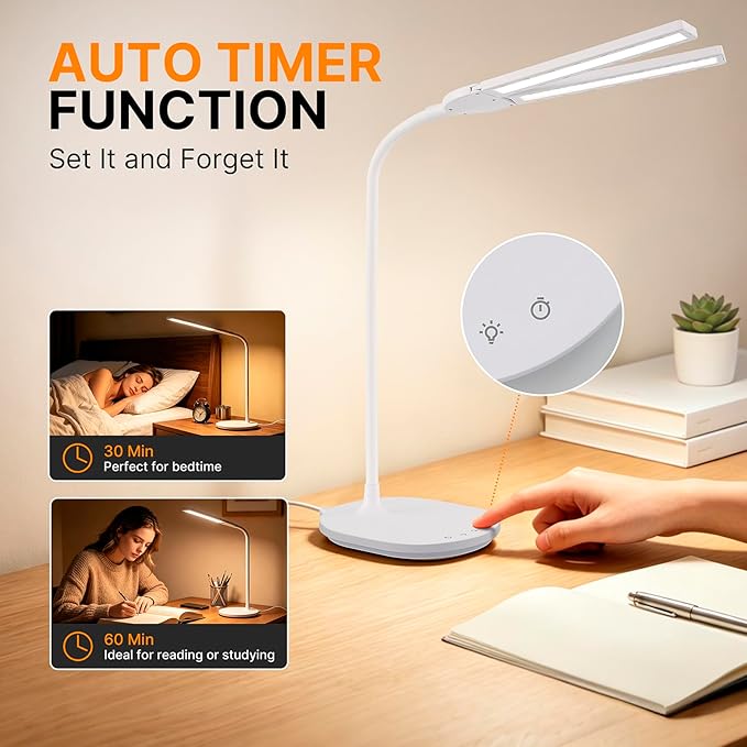 G Keni LED Desk Lamp with 180° Foldable Shade, 2400 Lux Bright Adjustable Desk Lamp, 360° Gooseneck, 5 Color Modes Stepless Dimming, Auto Off Timer, Modern Office Desk Lamp for Home Study Workbench