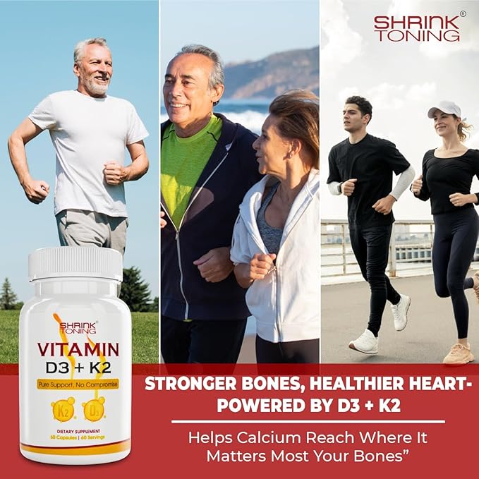 shrink Toning Supplément de Vitamine D3 + K2 – 125 mcg Vitamine D₃ & 100 mcg K₂ – Soutien Immunitaire & Osseux – Sans OGM, Sans Gluten – 60 Gélules