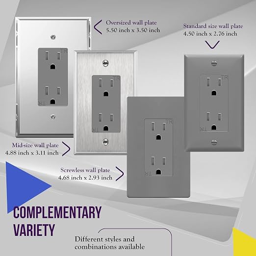 ENERLITES Decorator Receptacle Outlet, Tamper-Resistant, Gloss Finish, Residential Grade, 3-Wire, Self-Grounding, 2-Pole, 15A 125V, UL Listed, 61501-TR-GY-10PCS, Gray (10 Pack)