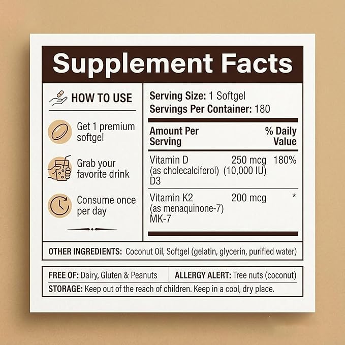 Real Good essentials VitaminD3 & K2 Coconut Oil Softgels Capsules | D3 10,000 IU + K2 MK-7 200 mcg | Upgraded High-Potency Formula for Bone, Immune Health, Boosts Energy & Calcium Absorption (1pc)