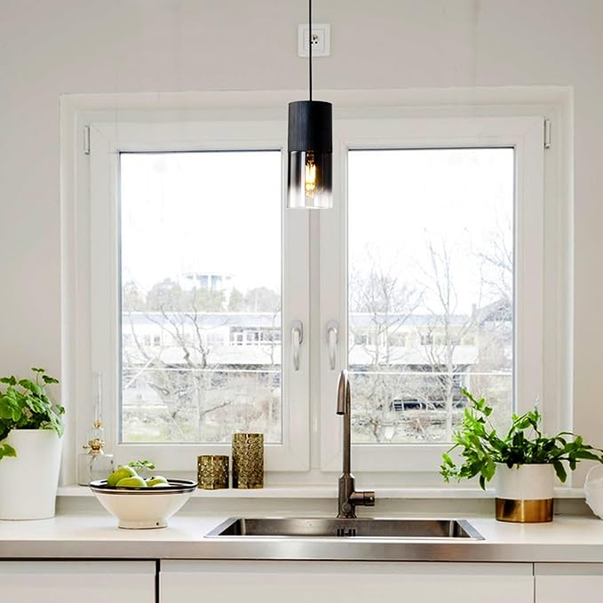 Black Pendant Light Fixtures, Adjustable Modern Pendant Lights for Kitchen Island, Industrial Glass Pendant Lights for Dining Table Hallway Bedroom Living Room,1 Pack