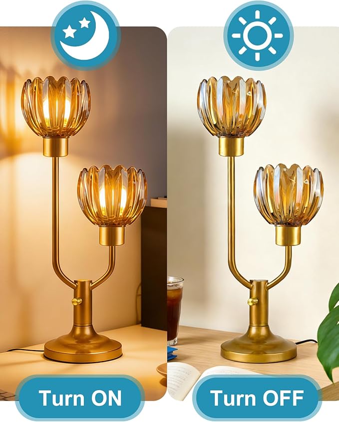 Lightdot Mid Century Modern Flower Table Lamp Dimmable Nightstand Lamp Amber Glass Vintage Gold Desk Lamp 2 Bulbs Included Warmwhite Ambient Bedside Lamp for Bedroom Living Room Home Office Decor Gift