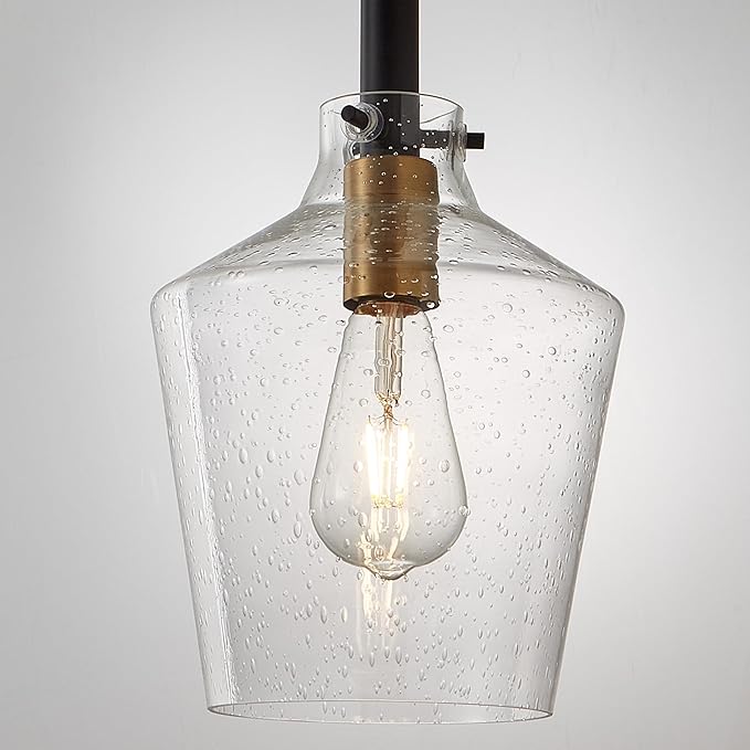 Modern Seeded Glass Pendant Lighting for Kitchen Island 1 Pack, Farmhouse Black and Gold Pendant Light Fixtures, Height Adjustable Ceiling Pendant Light, Angled Seeded Glass Shades 8 Inch