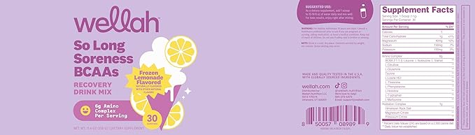 Wellah BCAAs (Frozen Lemonade Flavored) 30 Servings - BCAA Powder with Hydration Complex