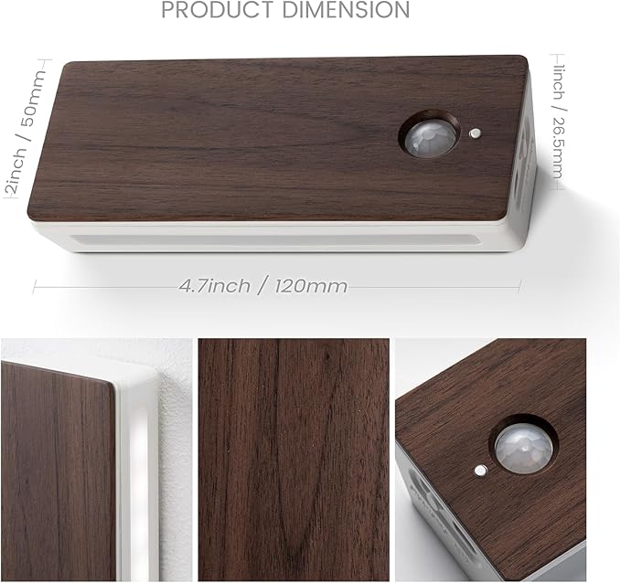 Wooden Motion Sensor Night Light, LED Backlit Nightlight, Rechargeable Light with Two-Sided Glow for Decor, Magnetic Stick-on, 3CCT Dimmable Lights for Hallway, Bedroom, Stairs, Black Walnut