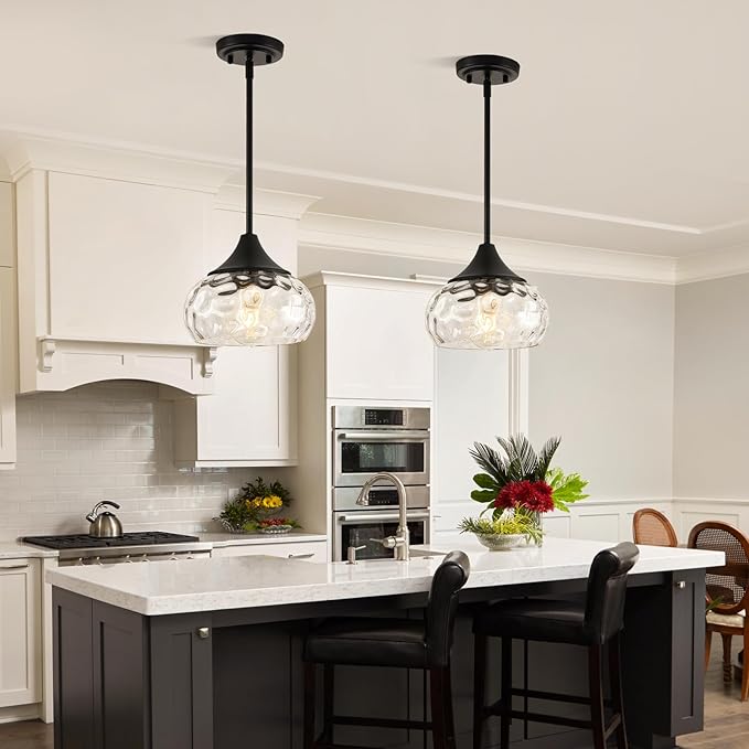 2 Pack Modern Pendant Lights Kitchen Island, Matte Black Pendant Light Fixtures with 8.5" Clear Hammered Glass Shade, Industrial Hanging Pendant Lights Fixture for Kitchen Island Dining Room Entryway