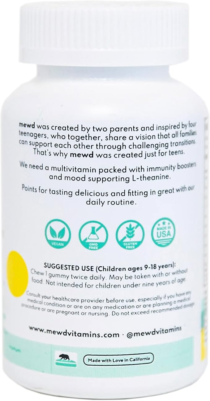 MEWD ティーン/キッズ用デイリーマルチビタミン グミ 天然気分安定剤配合、ビーガン、免疫力向上、鉄・亜鉛サプリメント、グルテンフリー、脳の健康のための集中力アップビタミン – アメリカ製
