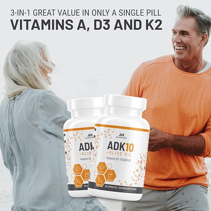 ADK 10 Complément vitaminique + Huile d'olive pour une meilleure absorption - avec Vitamines A + D3 (10 000 UI) + K2 (MK7+MK4) - 90 Capsules - Végétarien - Sans OGM