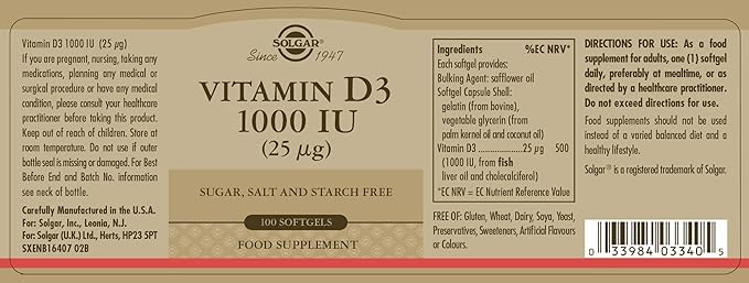 Solgar Vitamin D3 (Cholecalciferol) 25 mcg (1000 IU), 100 Softgels - Helps Maintain Healthy Bones & Teeth - Immune System Support - Non-GMO, Gluten-Free, Dairy Free - 100 Servings
