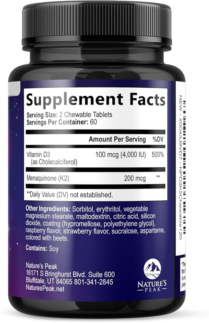 Vitamin D3 K2 - 5000 iu Vitamin D3 & 100 mcg Vitamin K2 (MK-7) Complex for Immune Support - Bone, Teeth & Muscle Health Support - Berry Chewable, Gluten Free, Non-GMO, Bottled in USA - 120 Tablets