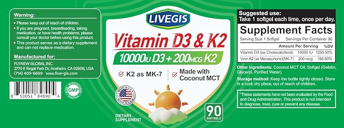 Gélules de Vitamine D3 K2, D3 10000 UI avec K2 (MK-7) 200 mcg avec Huile de Coco, Gélules faciles à avaler 2 en 1 Vitamines D & K, Soutient l'absorption du Calcium, la santé Immunitaire et Cardiaque - 90 Comprimés