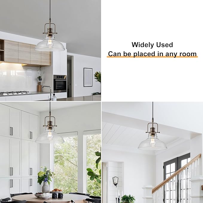 WILON Pendant Lights Kitchen Island Lighting, 11" Rust-Coloured Farmhouse Hanging Light Fixture, Kitchen Pendant Lighting Over Island Clear Glass Shade for Dining Hallway Entryway Bar