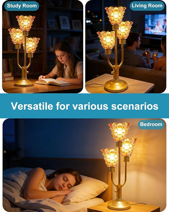 Mid Century Modern Table Lamp Nightstand Lamp Dimmable Gold Vintage Desk Lamp with Brown Glass 3 Bulbs Included Warmwhite Ambient Bedside Lamps for Living Room Bedroom Office Home Decor