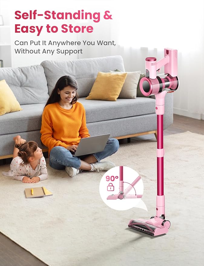 Dzaki Cordless Stick Vacuum Cleaner, 50KPa Brushless Motor Vacuum with Anti-Tangle, LED Display, 55-Min Runtime & Detachable Battery for Pet Hair, Carpet & Hardwood Floors (Cranberry)
