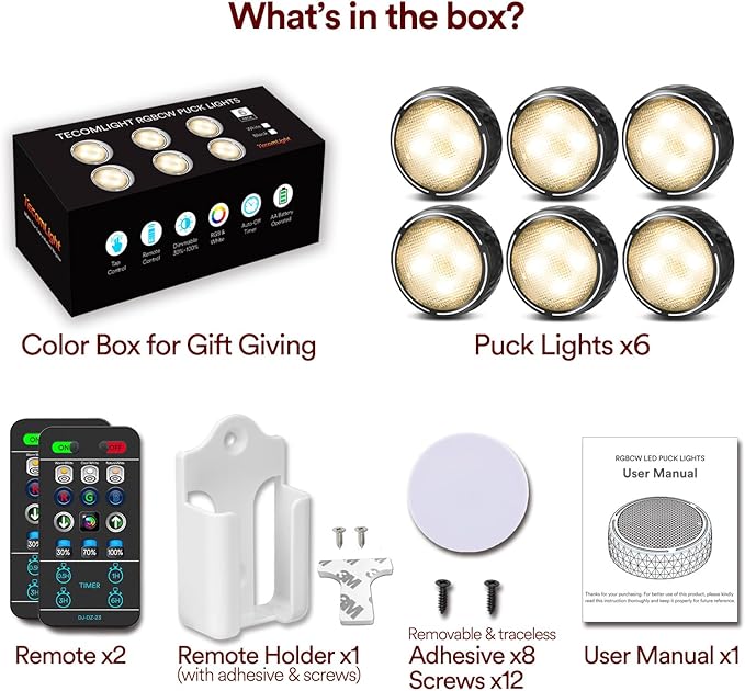TECOMLIGHT LED Puck Lights with Remote Control, Battery Operated Wireless Closet Light, Under Cabinet Lighting Stick on Tap Push Lights, Color Changing Under Counter Light for Kitchen, 6 Pack - Black