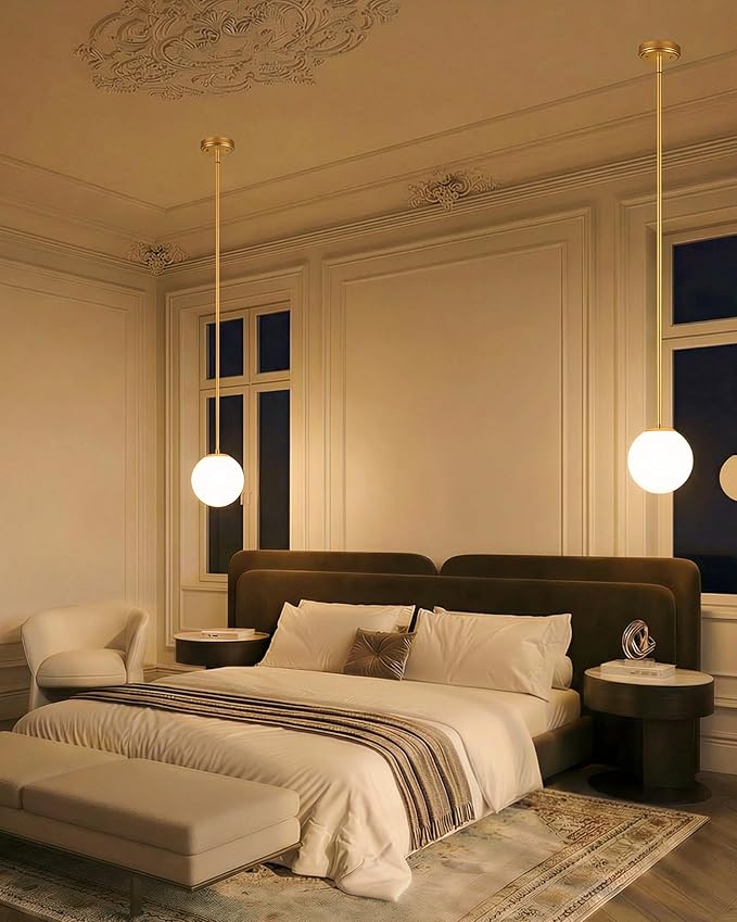 Majade Globe Pendant Lights Kitchen Island Mid Century Modern Pendant Light Fixtures 2 Pack 7.4 Inch Gold Ceiling Lighting with Milk Glass Shade Adjustable Brushed Brass Hanging Light for Dining Room
