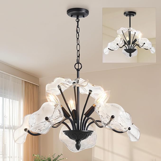 Luvkczc Black Chandelier,Vintage Flower Glass Pendant Light Fixture,Mid Century Ceiling Light Fixture for Dining Room, Kitchen, Living Room, Bedroom Hallway Porch,3 Lights