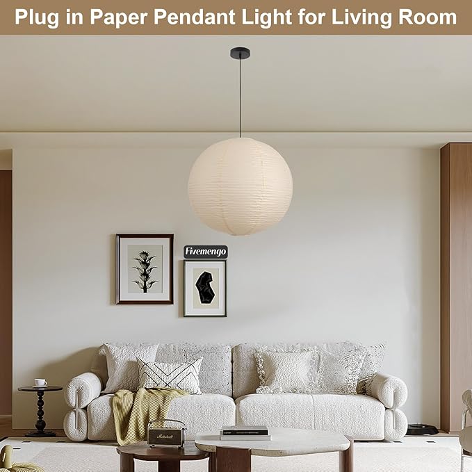 Large Paper Pendant Light with Cord and Canopy, 20in Off-White Rice Paper Hanging Lamp, Japanese Japandi Wabi Sabi Lantern Lamp Chandelier for Living Dining Room Bedroom Kitchen 1 Pack
