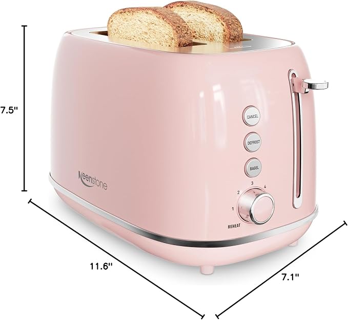 2 Slice Toaster Retro Stainless Steel with Bagel, Cancel, Defrost Function and 6 Bread Shade Settings Bread Toaster, Extra Wide Slot and Removable Crumb Tray (Pink)