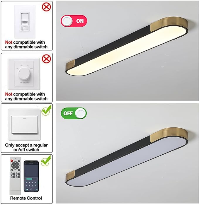 Qcyuui 4.59FT LED Flush Mount Kitchen Light Fixtures 65W Dimmable Flush Mount Ceiling Light Fixture Black and Gold Led Ceiling Light Linear LED Ceiling Lamp for Laundry Shop Garage Office
