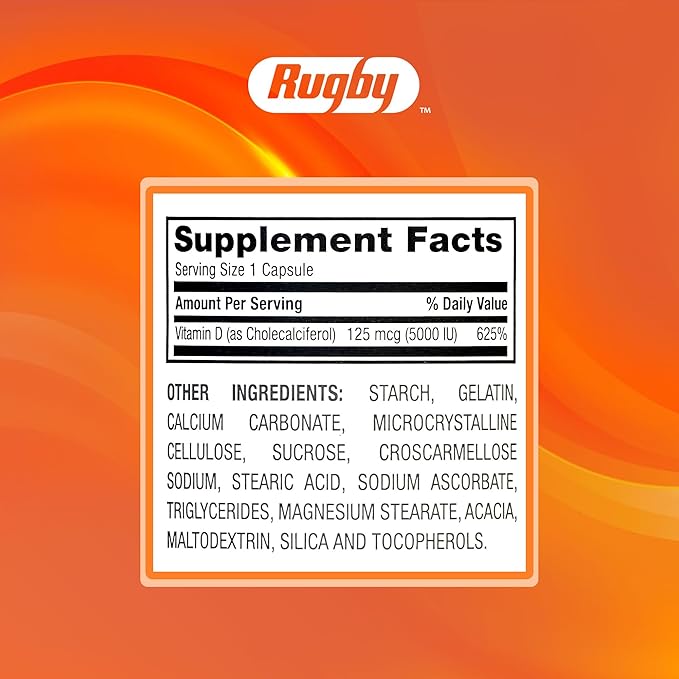 Rugby Vitamin D3 5,000 IU (125 mcg) - Vitamin D Dietary Supplement for Bone, Teeth, and Immune Health, 100 Capsules