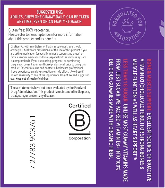 New Chapter Organic Vitamine D3+ Gummies – 52 % de sucre en moins§, 1 000 UI de vitamine D biologique USDA, UN Gummy par jour pour des os solides et une fonction musculaire optimale, sans OGM, sans gluten, saveur Fruits rouges mélangés, 60 unités