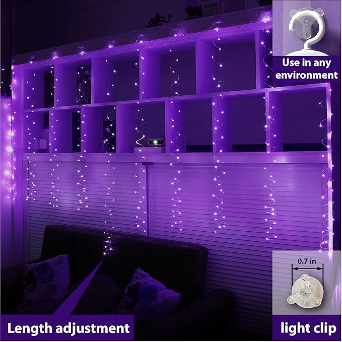 ZSJWL Curtain Lights, 300 LED Curtain Fairy Lights with Remote, 8 Modes 9.8 × 9.8 Ft Twinkle String Lights, Waterproof, USB Plug in, Copper Wire Lights for Bedroom Window Chrismas Party, Purple