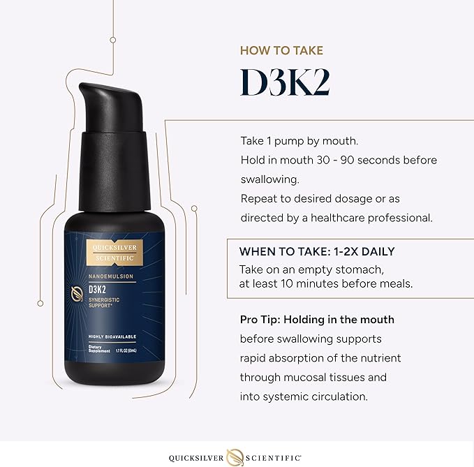 Quicksilver Scientific ナノ乳化D3K2 - 心臓、骨の健康、免疫サポートのための乳化液体ビタミンD3 + K2 MK7リポソームサプリメント - 吸収を強化するバイオアクティブ2500IU (1.7oz/50ml)