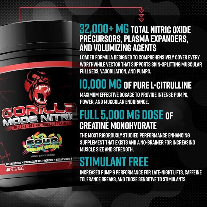 Gorilla Mode Nitric Pre-Workout Stimulant Free Amélioré – Le meilleur goût et le plus efficace des Pre-Workouts Sans Stimulants/Pompes Massives · Vasodilatation · Puissance / 772 Grammes (Orange Rush)