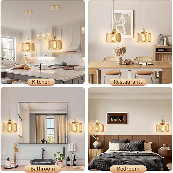 WimiSom 2 Pack Industrial Pendant Lighting, Modern Glass Shade Farmhouse Adjustable Hanging Light Fixtures for Kitchen Island Living Room Bedroom Hallway, Brown