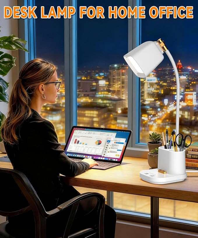 LED Desk Lamps for Home Office with Charger, Organizer, Desk Light Table Lamp for Bedroom, Study, Reading, Work, Nail, Gooseneck Small Desk Lamp for Artist, Puzzle, Drawing, Eye-Caring LED Office Lamp