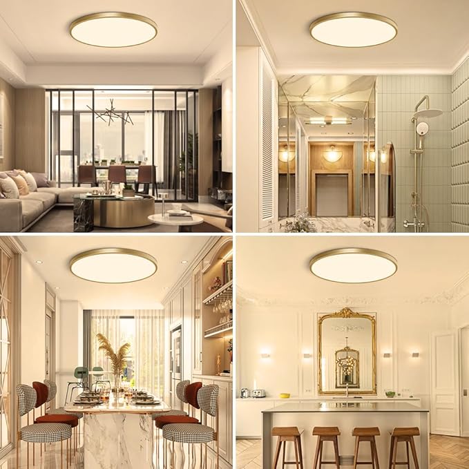 15.7Inch Gold Flush Mount Ceiling Light Fixture, 3000K Warm White, 32W 3800LM Bright LED Ceiling Light, Flat Round Light Fixtures Ceiling Mount for Bedrooms Living Rooms