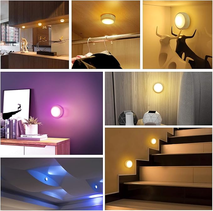 BLS LED Puck Lights with Remote Control, Wireless Under Cabinet & Closet Lighting, RGB 13 Color Changing Lights with Dimmer, Timer & AA Battery Operated, Push, Touch, Stick on for Night, White, 2 Pack