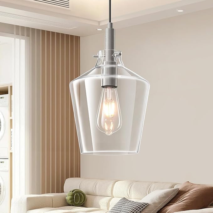 Modern Glass Pendant Lighting for Kitchen Island, Farmhouse Nickel Pendant Light Fixtures 1 Pack, Adjustable Hanging Ceiling Light Angled Clear Glass Shades 8 Inch