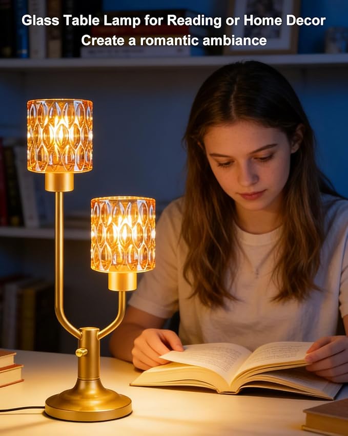 Lightdot Mid Century Modern Table Lamp for Living Room Dimmable Nightstand Lamp Amber Glass Vintage Gold Desk Lamp 2 Bulbs Included Warmwhite Ambient Bedside Lamps for Bedroom Home Office Decor Gift