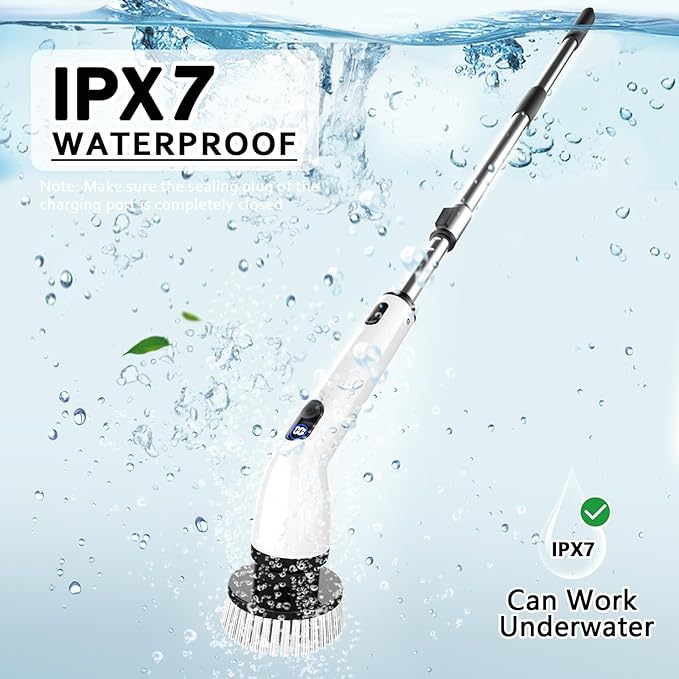 TUYU Electric Spin Scrubber,IPX7 Full-Body Waterproof Cordless Cleaning Tool, LCD Battery Indicator, Adjustable Extension Handle, 90-Minute Runtime for Bathroom, Kitchen, Glass, Car